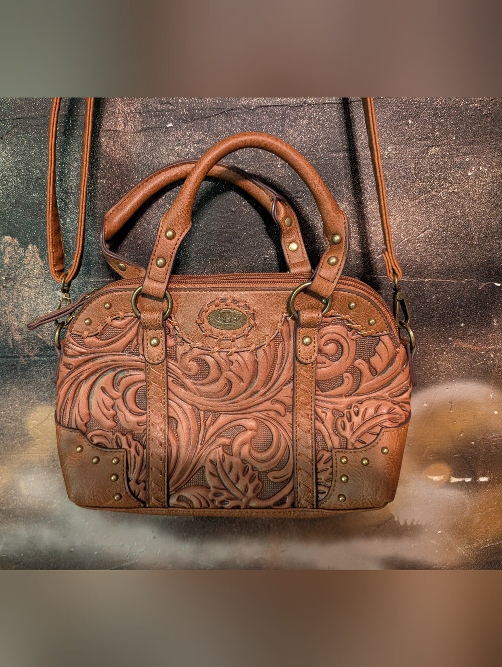 b.o.c. Brown Tooled Leather Satchel with Detachable Strap